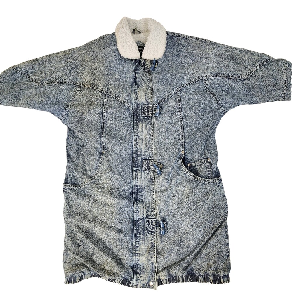 Vintage Andy Johns Womens Jacket Coat Large Blue Acid Wash Denim Fleece Lined